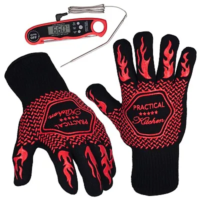 (Bundle) Dual Probe Meat Thermometer & Grill Gloves BBQ Smoker Grilling Combo • $18.39