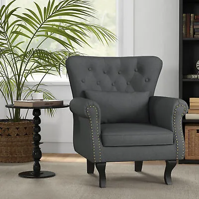 Chesterfield-style Accent Chair Tufted Wingback Armchair With Pillow Dark Grey • £135.99