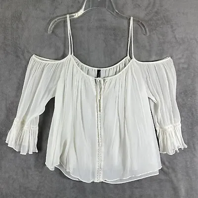 Zara Trafaluc Womens Top Size S White Sheer Peasant Cold Shoulder 3/4 Sleeves  • £12.25