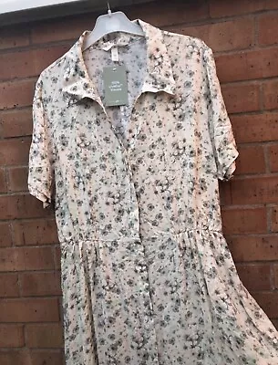 H&M Tie-belt Shirt Dress Flowers Retro New Viscose XL Plus Size New • £33