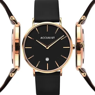 Accurist 7151 Slim Black Leather Strap Date Mens Watch RRP £89.99 2 Year Guar • £44.90