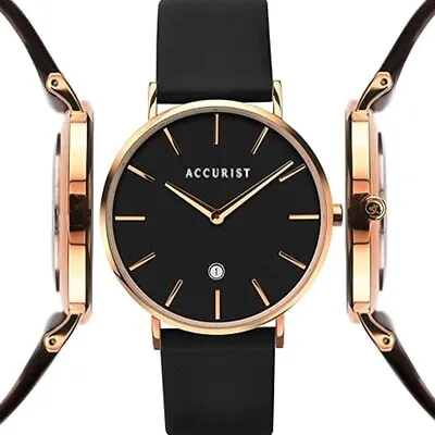 Accurist 7151 Slim Black Leather Strap Date RRP £89.99 Mens Watch 2 Year Guar • £44.90