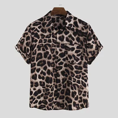 US STOCK Mens Short Sleeve Leopard Printed Shirt Holiday Aloha Party Shirts Tops • $13.07