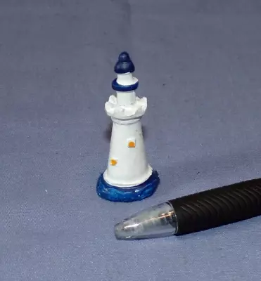 Miniature Dollhouse Lighthouse Nautical Figurine 1.75  Blue White Beach • $6.99