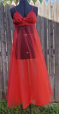 Vintage Montgomery Ward Red Sexy Negligee Peignoir Sheer Long Gown S/M • £34.06
