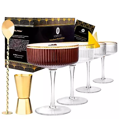 VEMACITY Ribbed Coupe Glasses Set Of 4 With Gold Rims Bar Spoon & Jigger | 10oz • £47.99