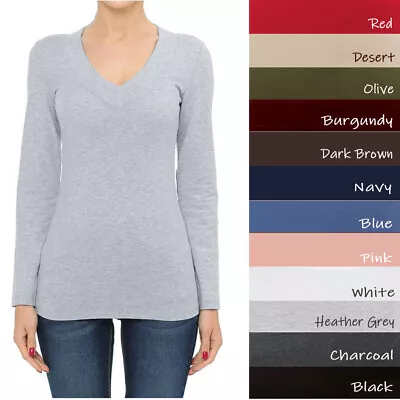 $12.99 • Buy Ambiance Basic Jersey Cotton Wide Deep V-Neck Long Sleeve Casual Tee Shirt  S-3X