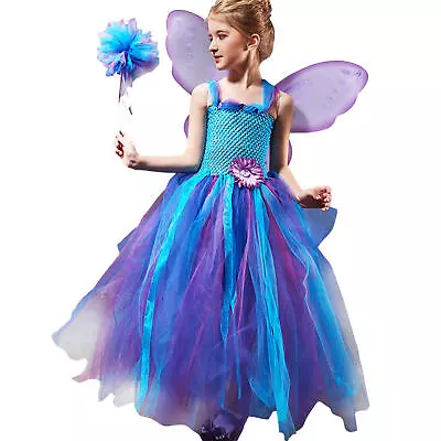 Princess Costume Kid Girl Fairy Princess Dress Butterfly Wings Outfit With Wand • $21.43