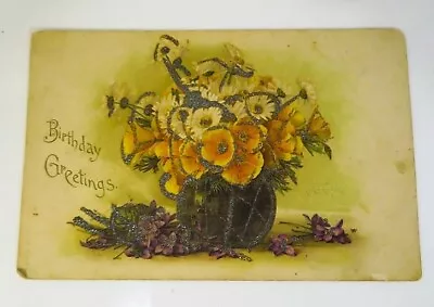 Vintage Antique Post Card 1800s 00s Victorian Glitter Flowers Birthday Greetings • $4.99