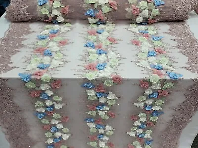 $119.99 • Buy Dusty Rose Beaded Lace 3D Blue Sage Floral Flowers Fabric BY The Yard Dress 