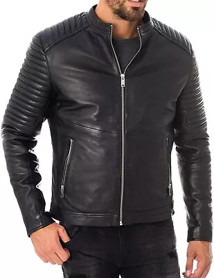 Leather Jacket Mens Motorcycle Biker Real Cafe Racer Bomber Coat Lamb Black 46 • $114.75