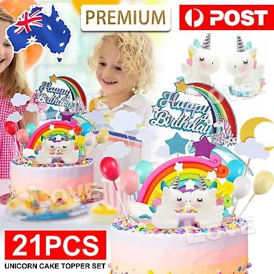 $12.45 • Buy 21pcs Unicorn Cake Topper Kit Cloud Rainbow Happy Birthday Banner Decorations AU