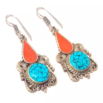 Tibetan Turquoise Coral Ethnic Tribal Drop/Dangle Nepali Earrings 2.30  NE 5050 • $6.49