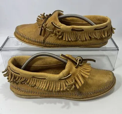 Vintage Swift Action Heavy Leather Fringed Booties Moccasins Natural Women SZ 7 • $24.84