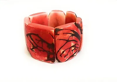 Organic Orange Tagua Nut Bracelet Handmade Stretch Wide Panel Boho Jewelry • $12.99