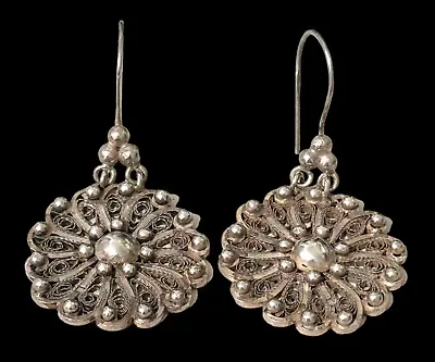 RARE Antique Sterling Silver Open Lace Filigree Detailed Flower Earrings Mexico • $44.99