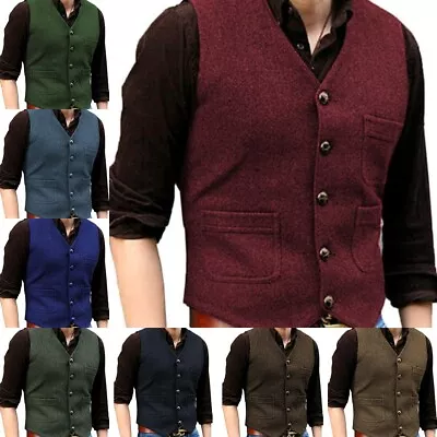 Mens Vest Vintage Retro Cowboy Vest Herringbone Tweed Casual Formal Waistcoat • $44.54