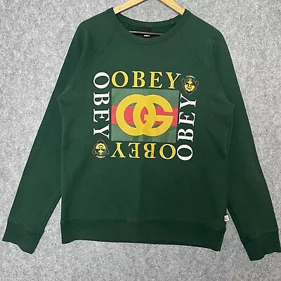 Obey Sweatshirt Propaganda Made In USA Green Crew Cotton Jumper Medium Mens Dark • £19