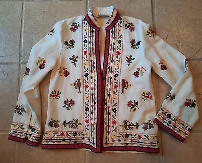 Zara Jacket Women's XS White Cotton Embroidered Floral & Bird  • $39.99