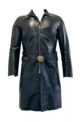 Versace Jeans Couture Black Mens Trench Coat. Rare. 24ct Gold Medusa Belt • $3500