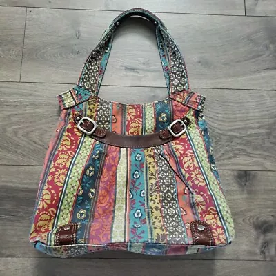 VTG Fossil Handbag Twill Boho Multicolor Canvas & Leather Tote Shoulder Bag • $29.99