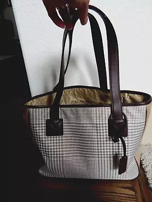 Large RALPH LAUREN Tan Brown White Pink Houndstooth & Leather Handbag Tote 11x17 • $16.99