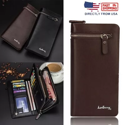 Long Zipper Wallet Mens Clutch Bag Zipper Coin Purse Bifold Leather Card Holder • $11.99