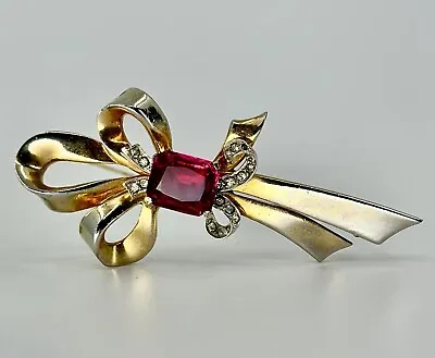 Vintage Mazer Gold Plate Ruby Red Crystal Bow Ribbon Brooch Signed • $325