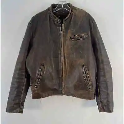 VTG Lesco Brown Leather Full Zip Fleece Lined Moto Biker Jacket Mens Size 42 • $159.20