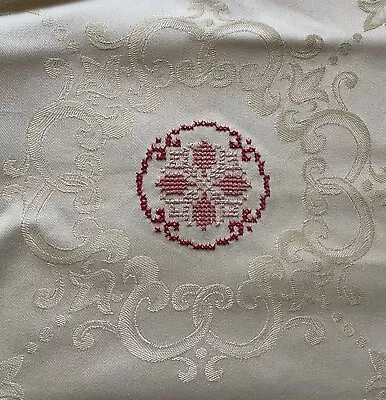 Vintage Beige Pinks Hand Cross Stitch Embroidered 62 X 64 Sq Tablecloth Germany • $78.50