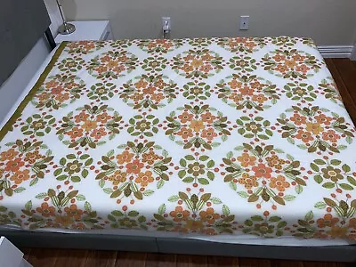 Vintage Bedspread Felt Blanket Mid Century Modern Satin Trim Green Orange 70x87 • $24