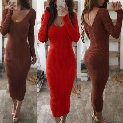 $26.79 • Buy Winter Womens Long Sleeve Knit Jumper Dress Casual Bodycon Midi Dresses Sweater