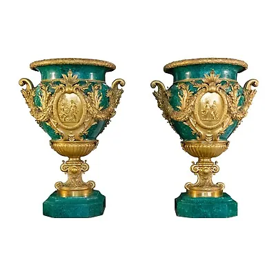 A Pair Of Palatial Ormolu Mounted Malachite Urns • $75000