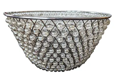 Vtg Silver Wire Metal Beaded Basket Bread Bowl White Iridescent Glass Beads • $14.99