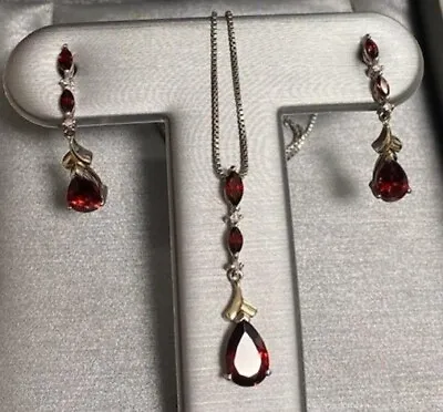 Pear Shaped Garnet And Diamond Pendant And Earrings • $260