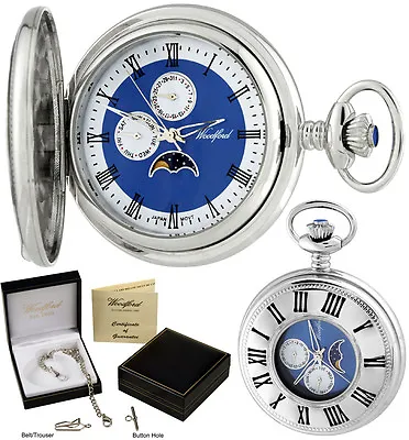 £125 • Buy Woodford Half Hunter Pocket Watch Moondial Day/Date Quartz Chrome Free Engr 1248