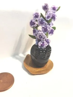 1pc Custom Clay Dollhouse Miniatures  Purple Flowers In A Pot On Gold Doily • $12.28