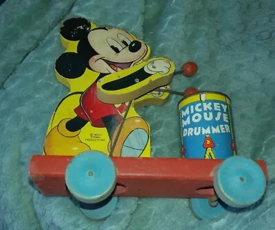 FISHER PRICE PULL TOY 1930s MICKEY MOUSE Drummer #476 WALT DISNEY PROD. U.S.A. • $45