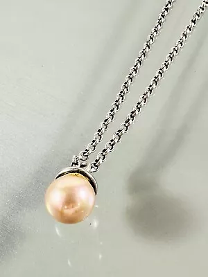 Vintage 925 Sterling Silver Single Faux Pearl Pendant Rolo Link Necklace 18” • $44.50