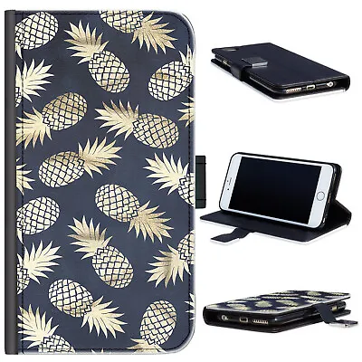 Navy/Gold Pineapple Phone Case;PU Leather Flip Cover With TPU Inset;Card Slots • £13.99