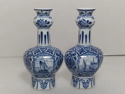 2 Royal Delft Vases Pair (dec 573 Dutch) Hand Painted Blue Floral & Ships Decor • $39.99