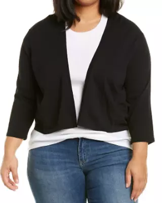 Joan Vass Plus Size Black Ribbed Trim 3/4-Sleeve Open Front Cardigan 1X • $19.99