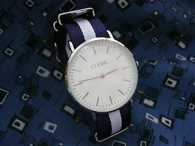 Clyde Minimalistic Mens Dress Watch Silver Case NATO® Navy White Nylon Strap USA • $12.95