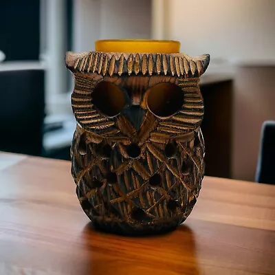 Hand-Carved Wooden Owl Candle Holder Vintage Votive Holder Glass Insert 70’s • $19.99