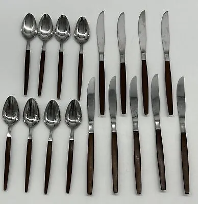 Vintage MCM Ecko Eterna Teak Wood Handled Silverware 17 Pc Set Spoons Knives • $49.99