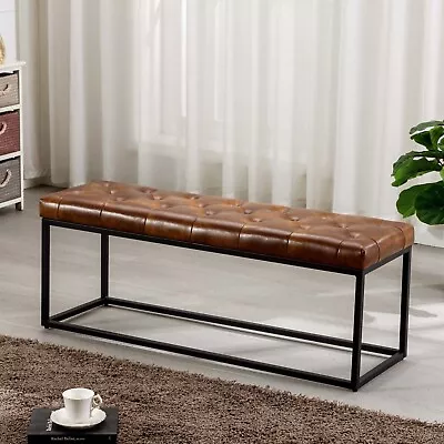 Leather Bench Modern Tufted Bedroom Bench With Metal Base Accent Ottoman Bench • $109.99