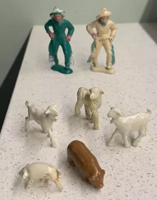 VINTAGE 2 Bergen-Beton Cowboy Figures Plus 5 Animals Hard Plastic 1950's • $9.99