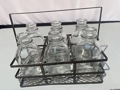 Six Miniature Mini Milk Clear Milk Bottles With Metal Wire Basket Carrier 100mls • $40.48