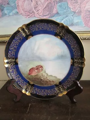 T.Haviland Limoges France Handpainted Cobalt Blue Plate Birds Signed A. Walker • $45