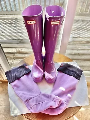 Hunter Original Thistle Glossy Tall Rubber Rain Boot 8M Includes Matching Socks! • $245